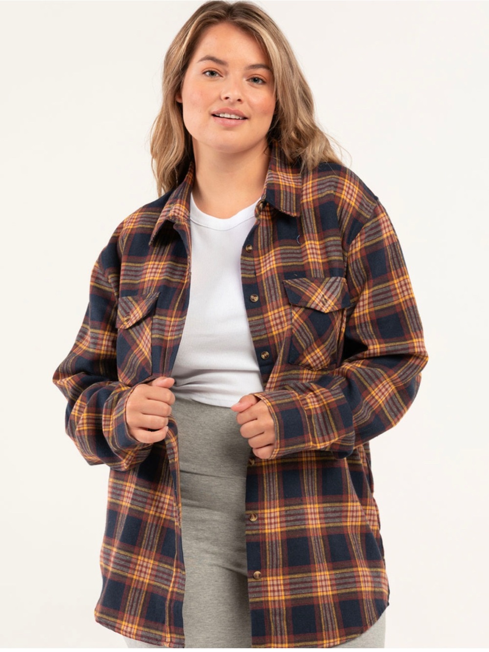RSQ Navy and Rust Plaid Button-Front Shacket